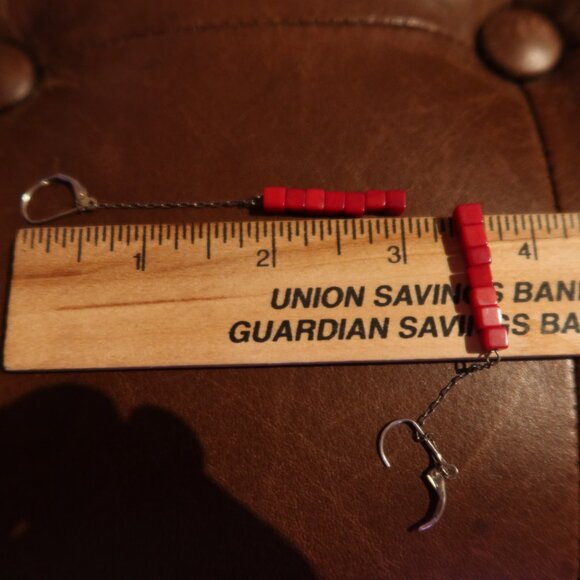 Red coral square beads & sterling silver Sherzada earrings dangle drop 3" long - Picture 8 of 10